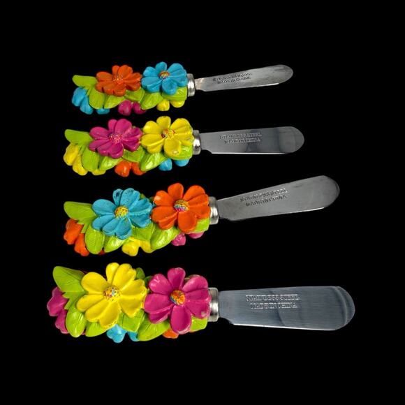 Set of 4 Flower Handle Spreaders Stainless Steel Colorful Cheese Butter Knives - Picture 1 of 6